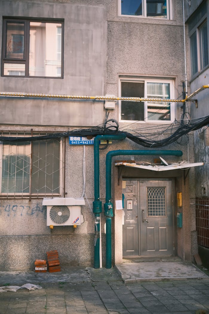 Building exterior showcasing various utility connections and air conditioning unit.